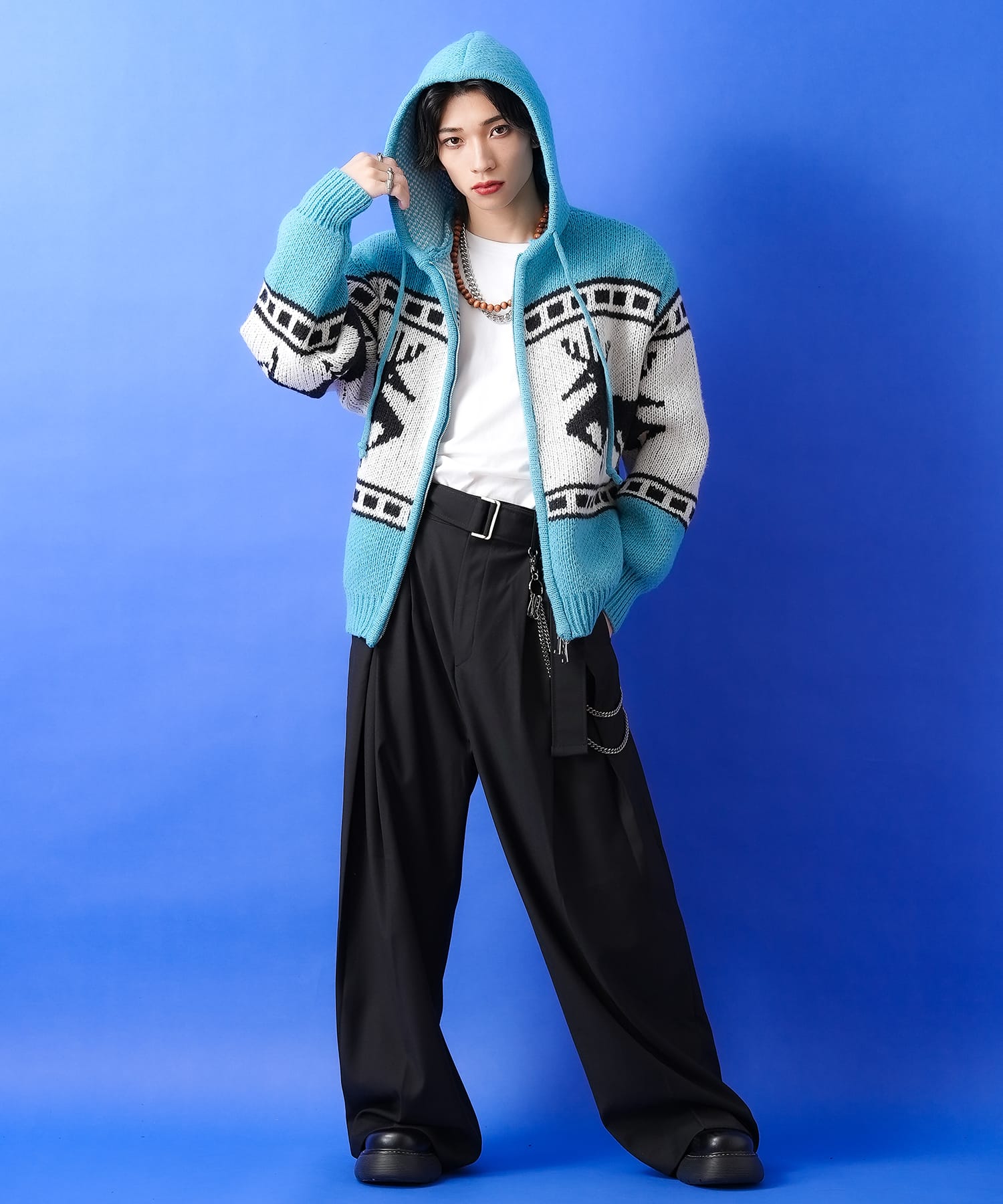 ノルディック柄カウチンニットフーディーセーター / メンズ レディース