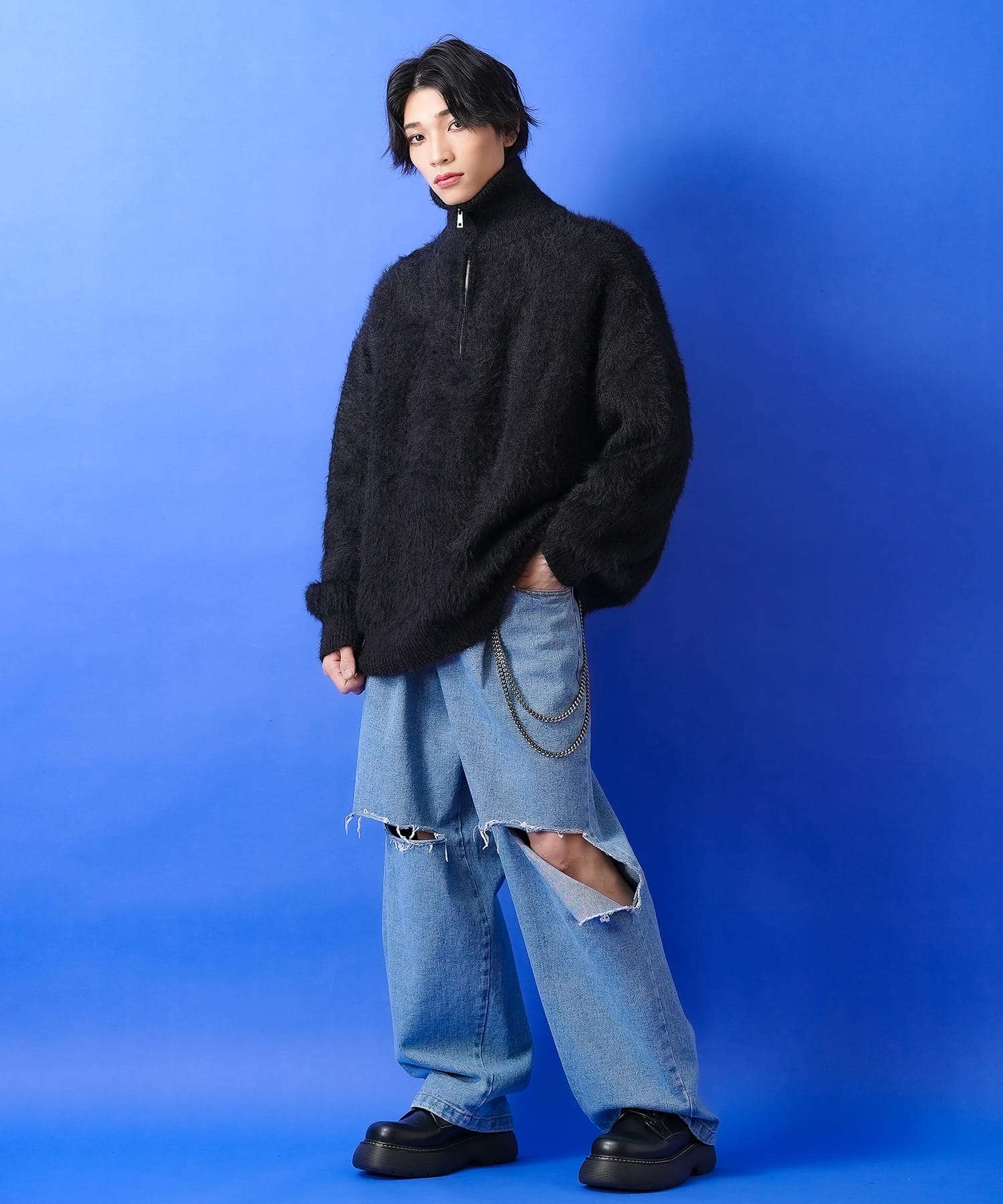 スタンドネックハーフジッププルオーバーファーセーター / メンズ