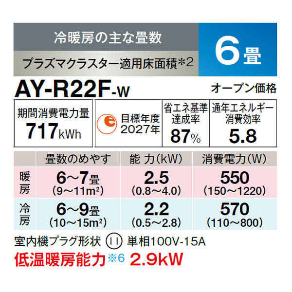 AY-R22F-W シャープ ルームエアコン R-Fシリーズ プラズマクラスター