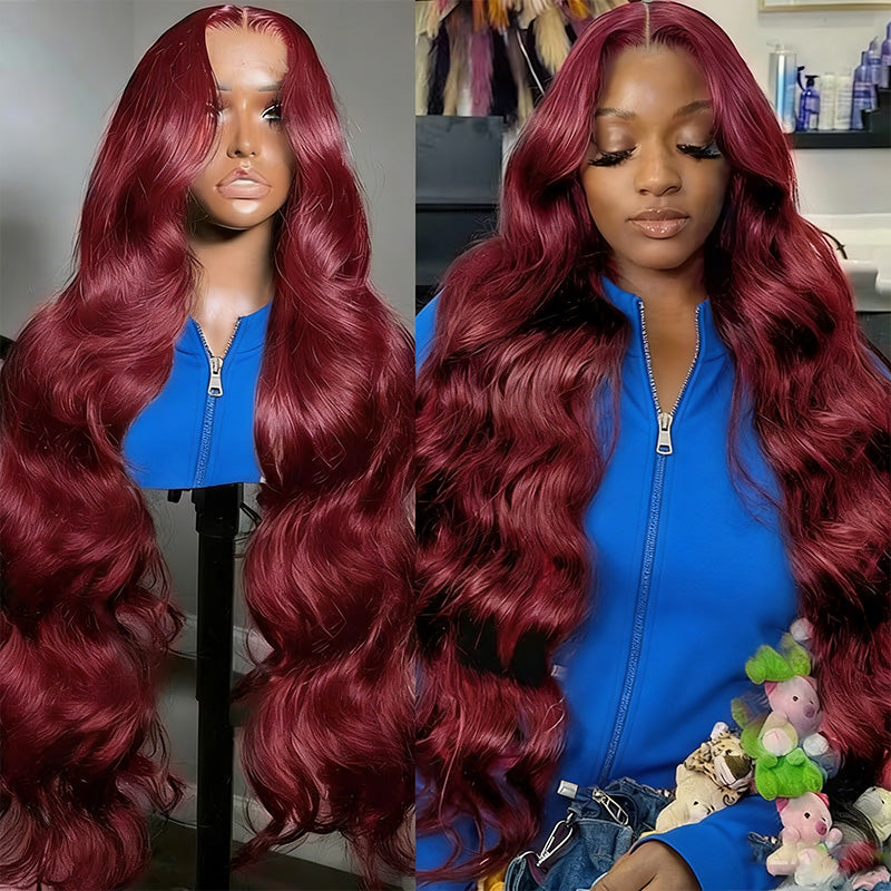 200% Density 99J Burgundy Color Straight And Body Wave 5*5