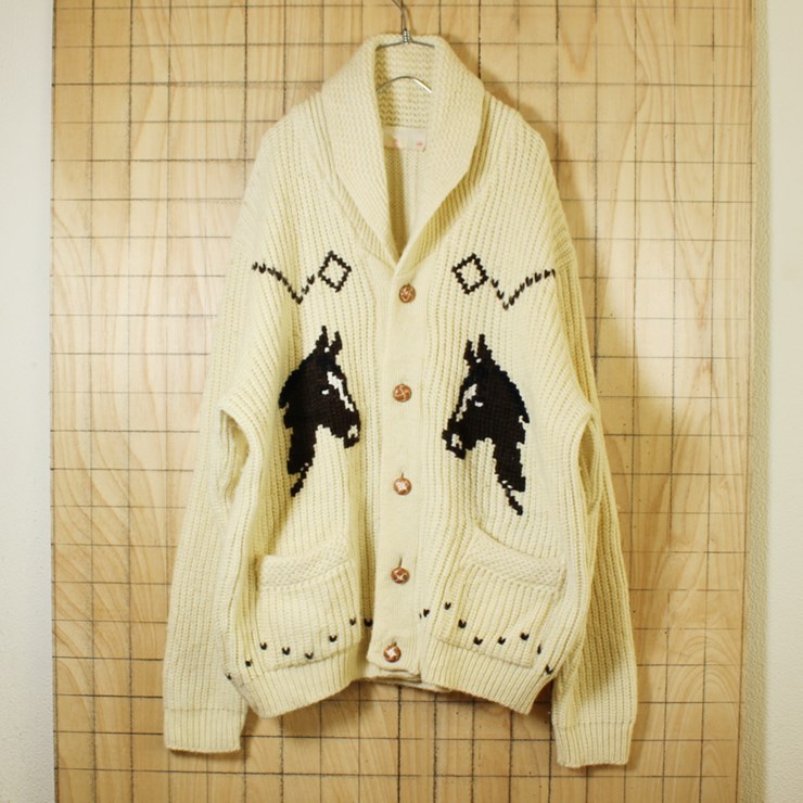 カナダ製古着/オフホワイト×ブラウン/馬柄ショールカラーカウチン