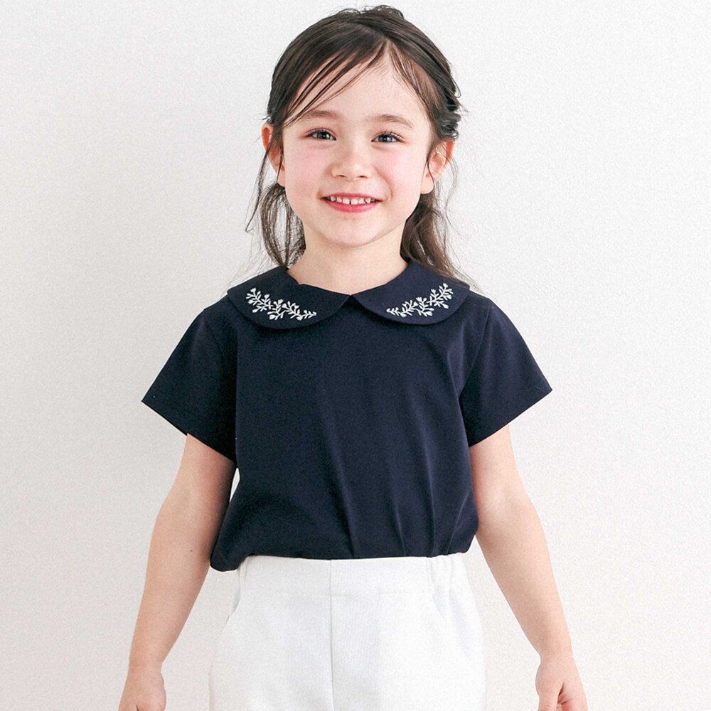 丸襟刺しゅう半袖Tシャツ(90～140cm)(90cm ネイビー): トップス【べべ