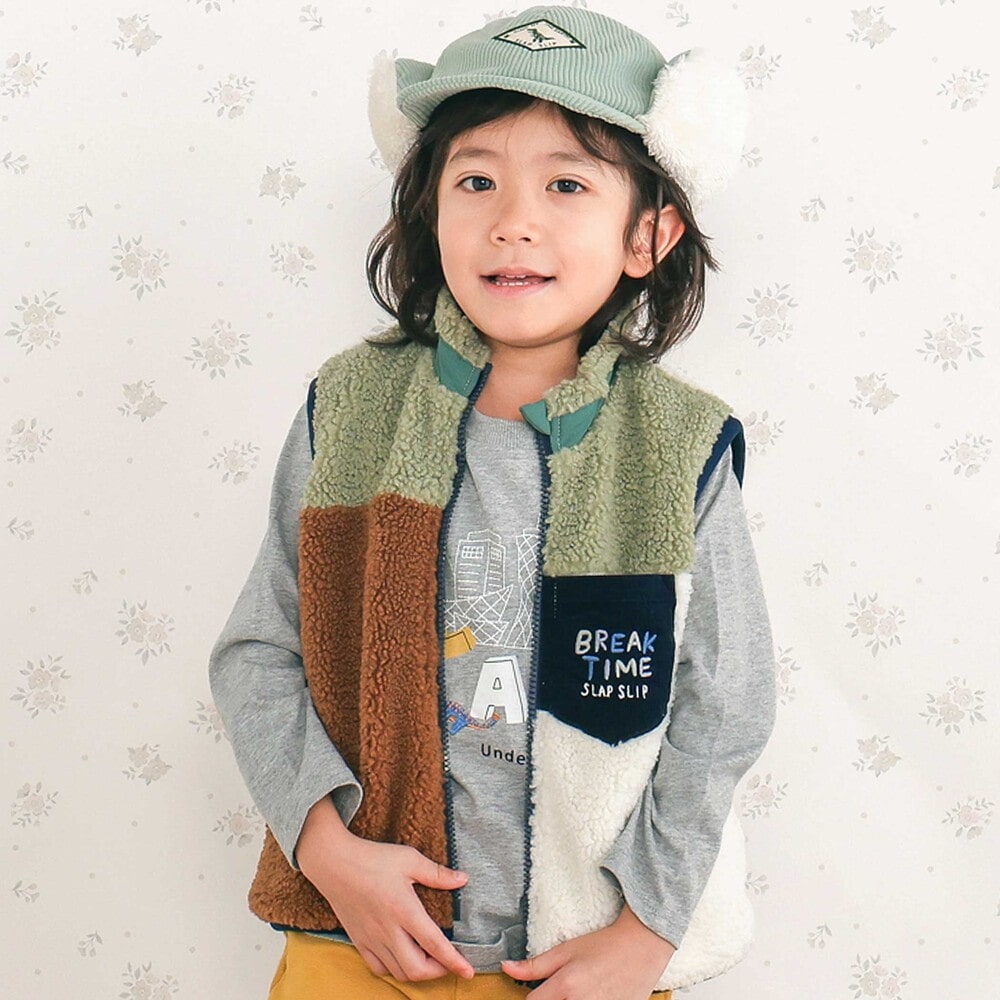 胸刺しゅうバイカラーリバーシブルボアベスト(80~130cm)(80cm グリーン