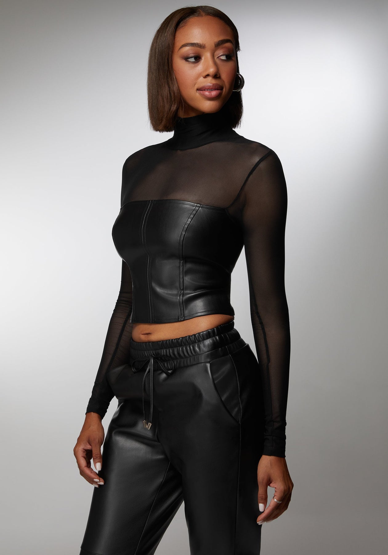 Mock Neck Mesh Combo Vegan Leather Top Black - bebe