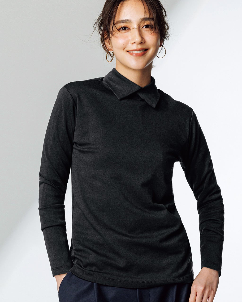 超長綿・衿付きハイネックカットソー/DoCLASSE