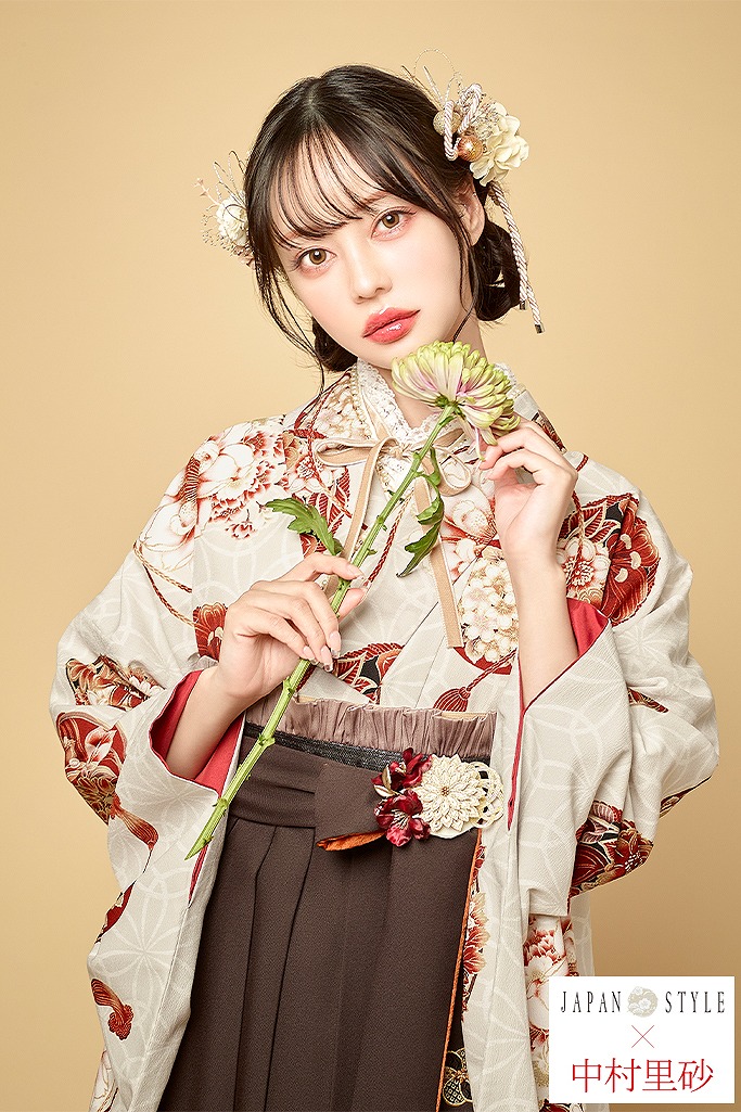 JAPAN STYLE×中村里砂ブランド袴ネットレンタル ベージュ/赤 淡い色