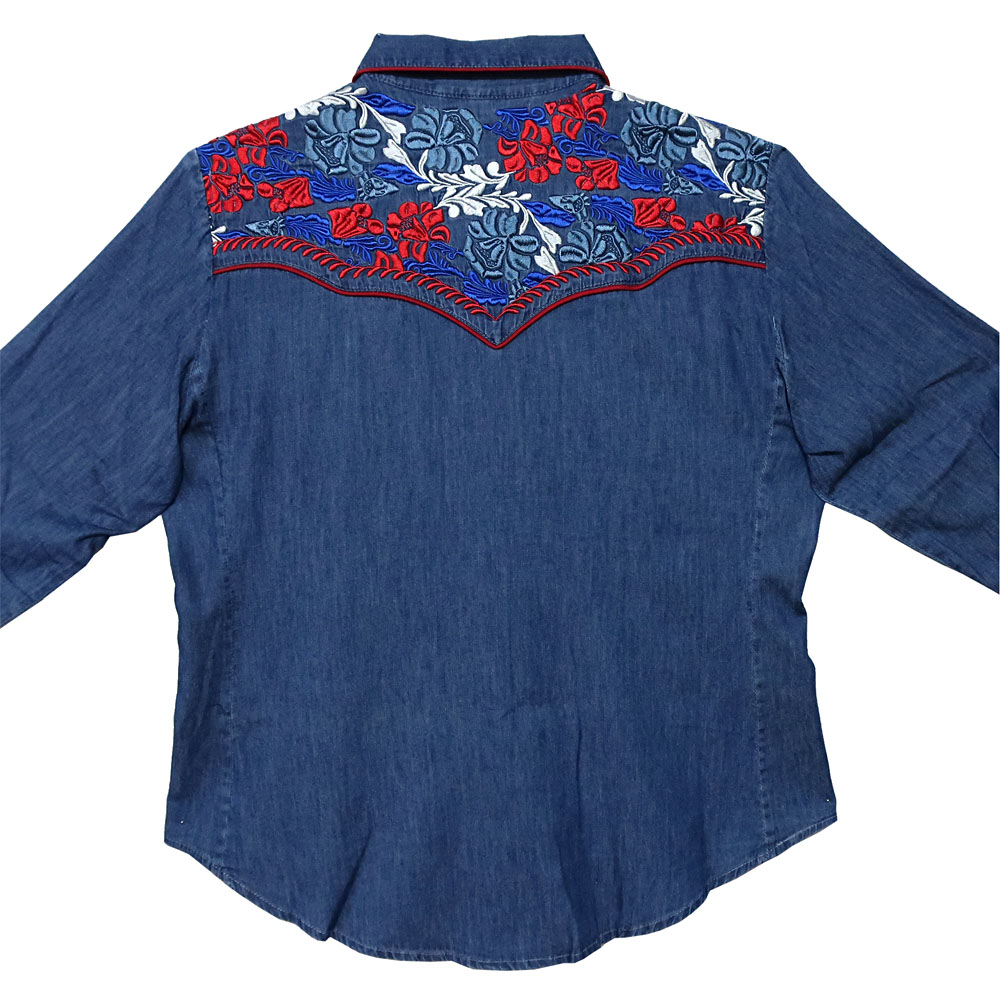 ウエスタンシャツ レディース デニム カラフル 刺繍 シャツ スカリー
