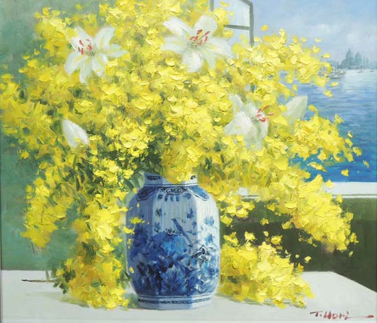 絵画 油絵 ミモザとカサブランカ （堀哲夫） 送料無料 【肉筆】【油絵