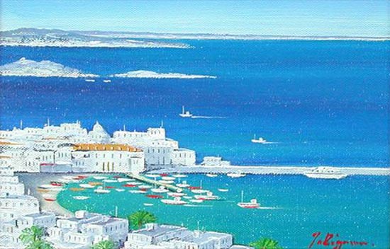 絵画 油絵 青い海のエーゲ海 ミコノス島 （滝川英彦） 送料無料 【海