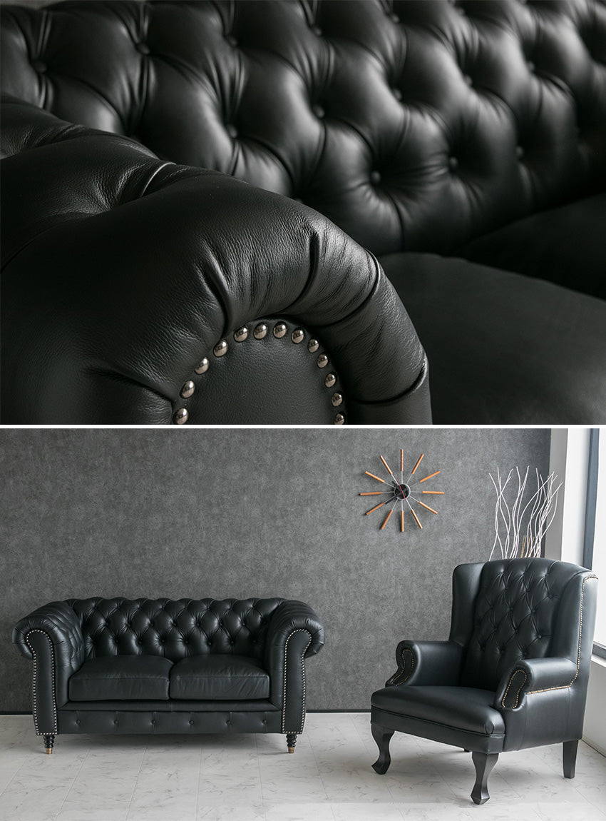 lushroom チェスターフィールド ソファ 2人掛け 本革 ブラック