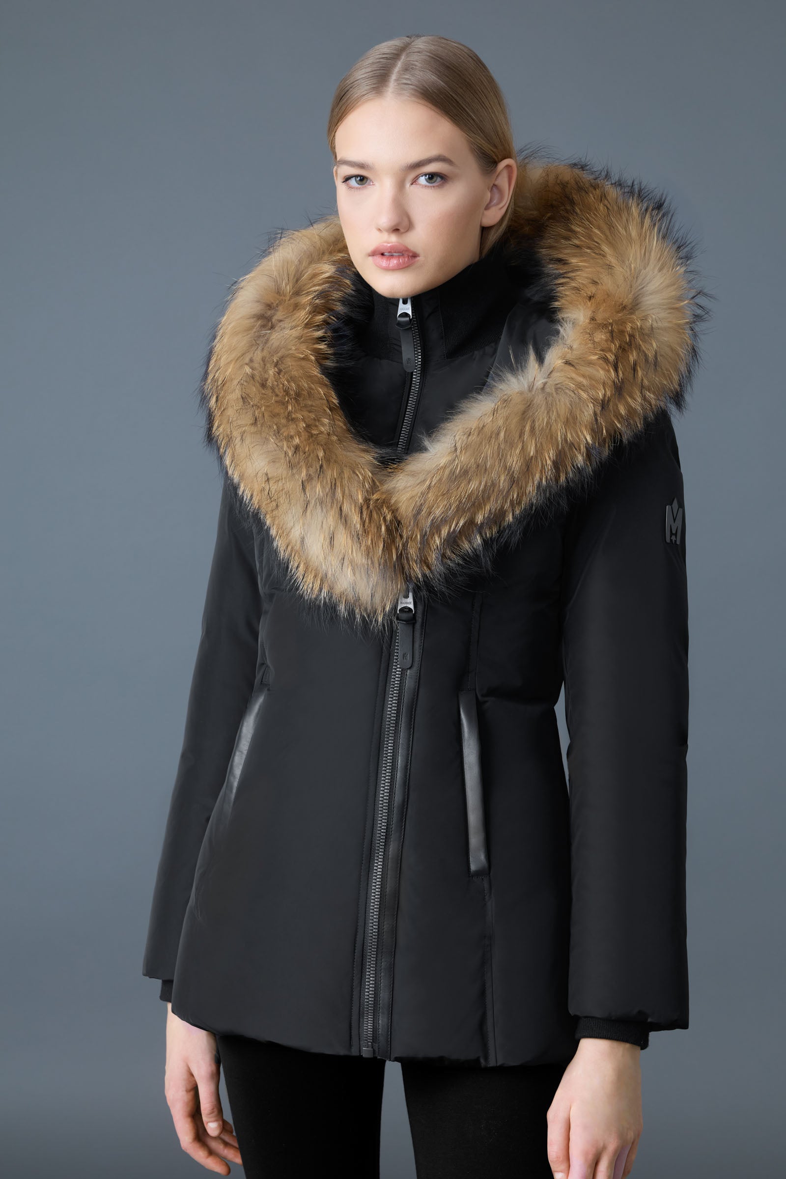 Adali-F, Down coat with natural fur Signature Mackage Collar for