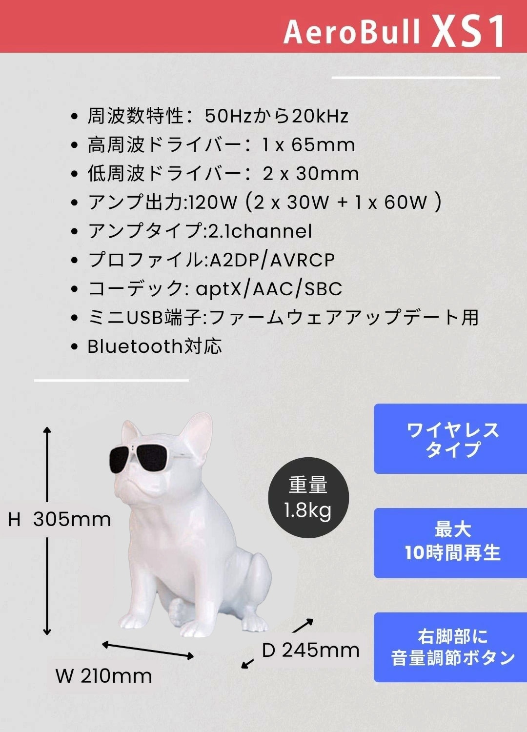 Aerobull ワイヤレス スピーカー XS1 (ホワイト) 【国内正規品