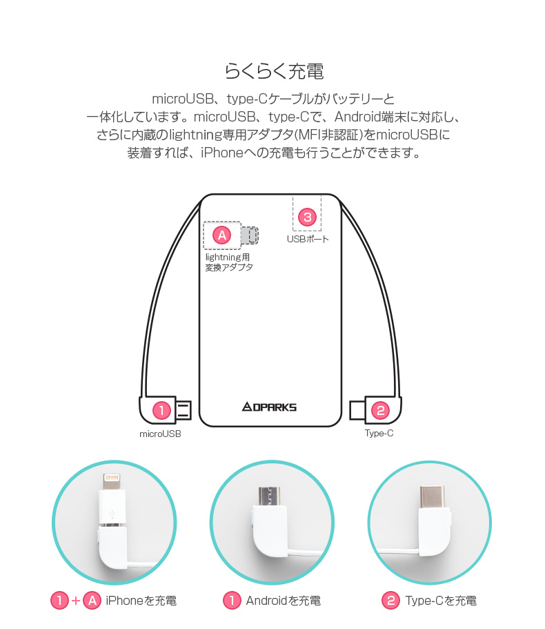 Dparks（ディーパークス） モバイルバッテリー 5000mAh ケーブル内蔵型