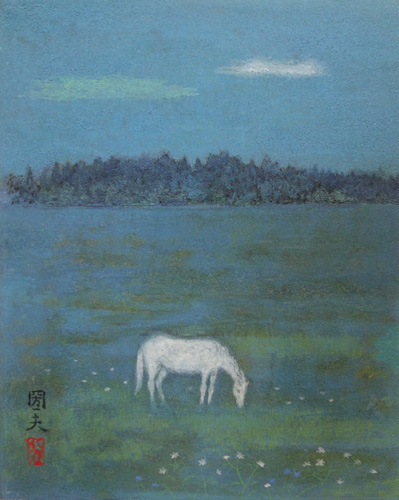 古シミあり】佐藤圀夫 リトグラフ 鶴二題「翔」「白月」毎日新聞社 古