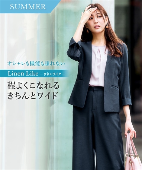 レディーススーツ】ストレッチセミワイドパンツスーツ（ノーカラー