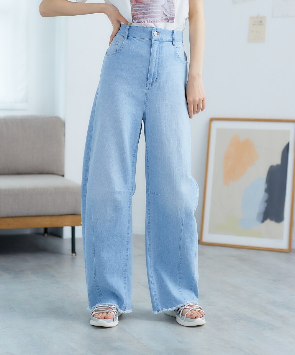 大きいサイズ 裾フリンジストレッチカーブデニムパンツ（ゆったり