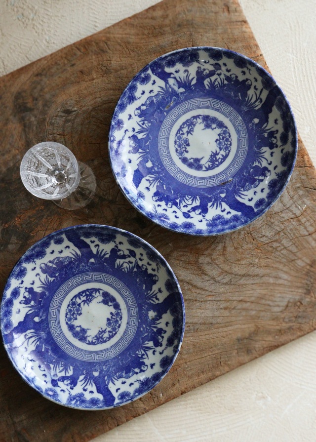 染付印判松樹下唐子紋様22.5cm皿2枚組 中皿 大皿 パスタ サラダ 染付