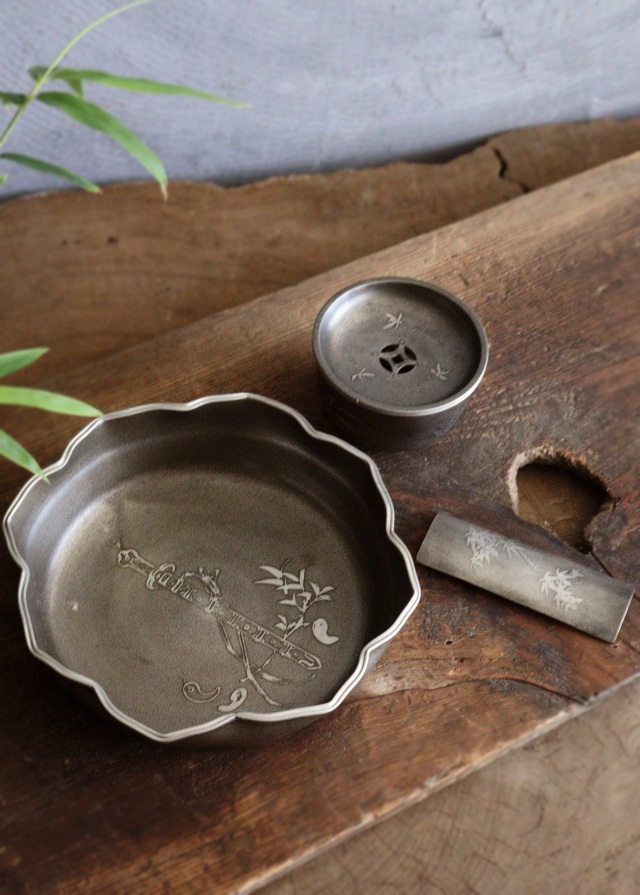 錫製茶器セット 菓子器 茶こぼし 茶則 間村自造 四君子 茶盤