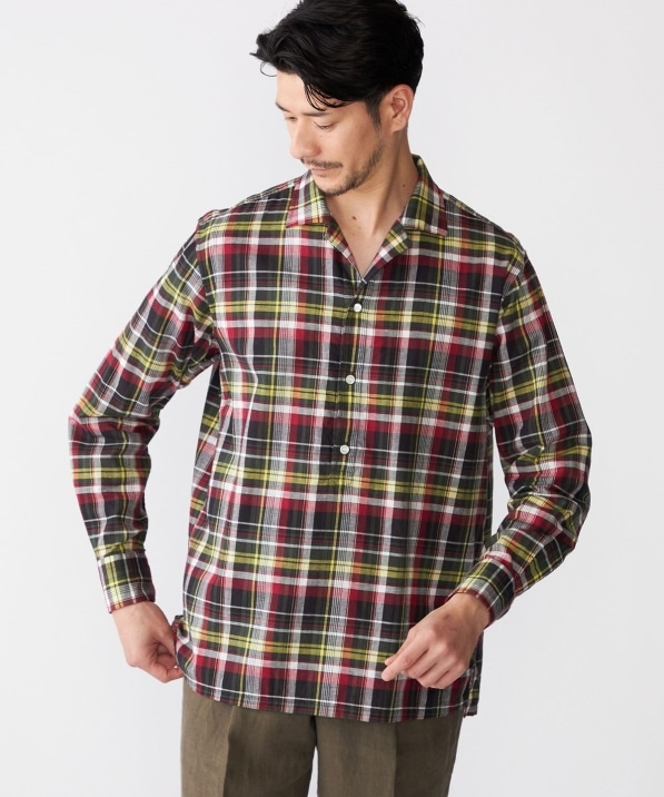 SHIPS: オープンカラー コットン リネン マドラスチェック プル