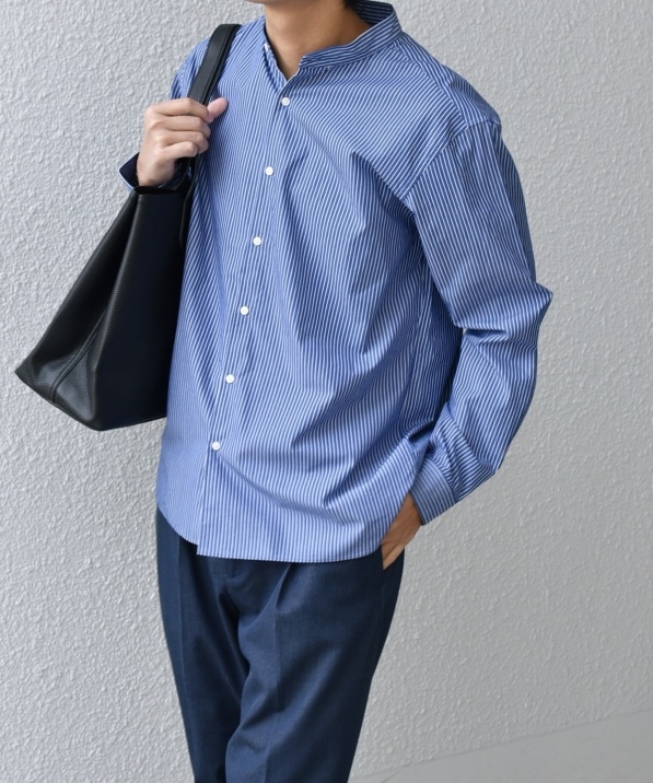 SHIPS any: ストライプ / ソリッド リラックス バンドカラー シャツ