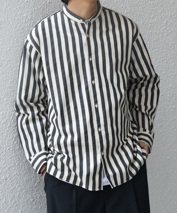 SHIPS any:〈洗濯機可能〉コットン/リネン ストライプ バンドカラー