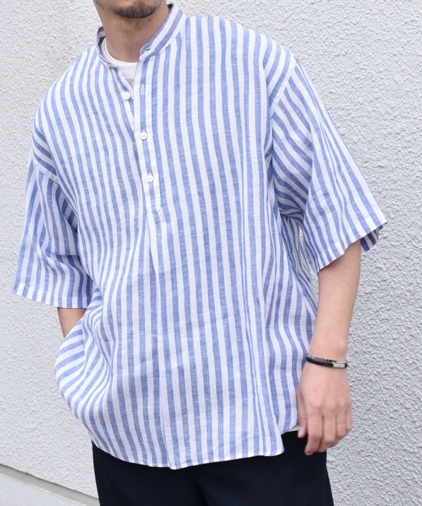 SHIPS any: ピュアリネン バンド スキッパー ハーフスリーブ プル