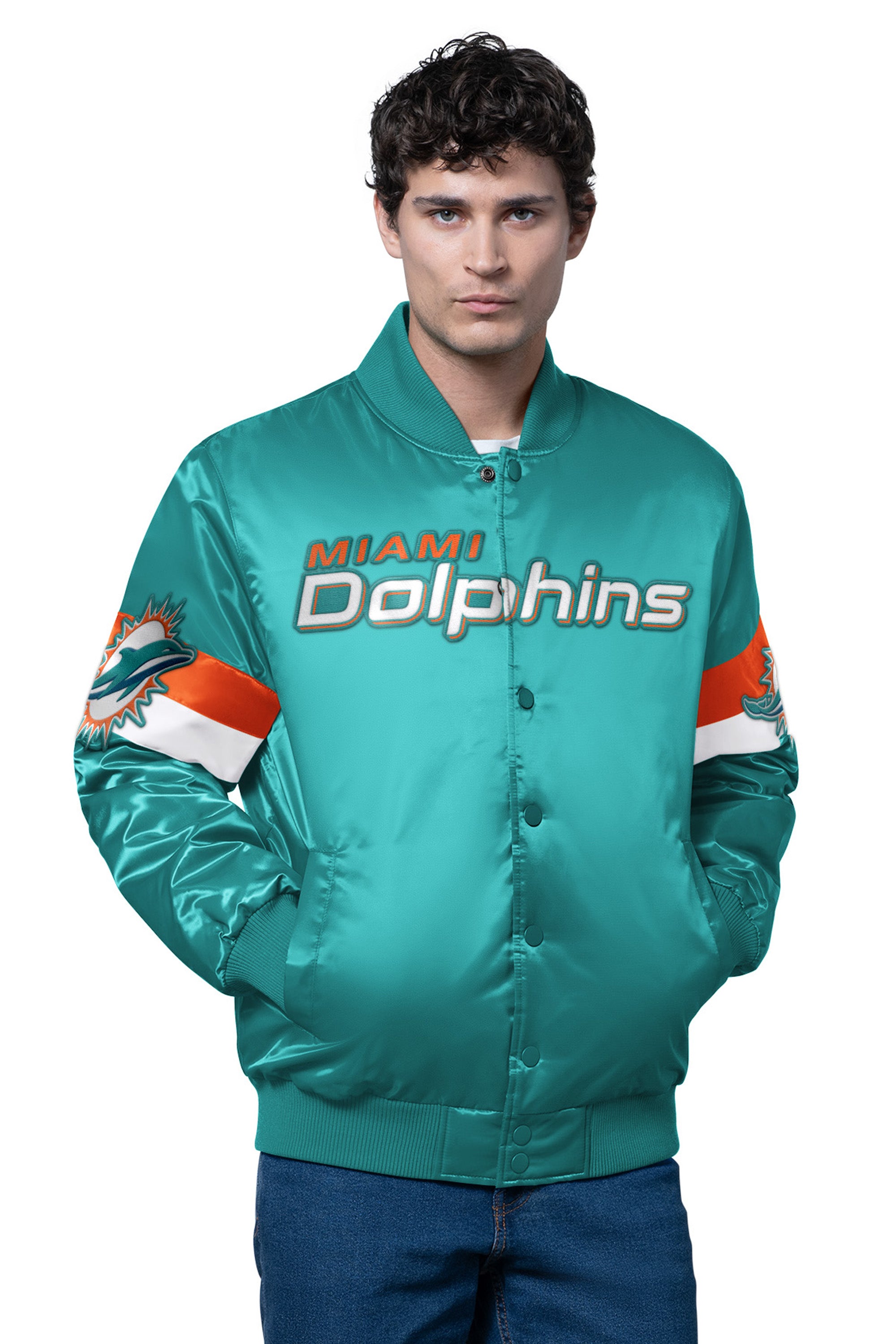 Mens Miami Dolphins Triple Option Satin Varsity Jacket | NFL | Starter
