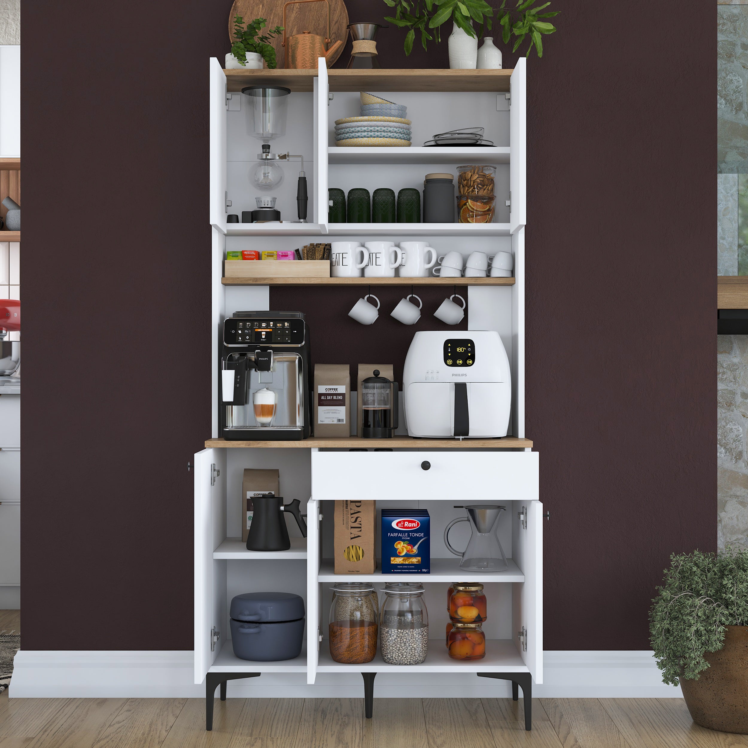 Rani JE196 Çok Amaçlı Dolap 6 Kapaklı 1 Çekmeceli Kiler Mutfak Dolabı