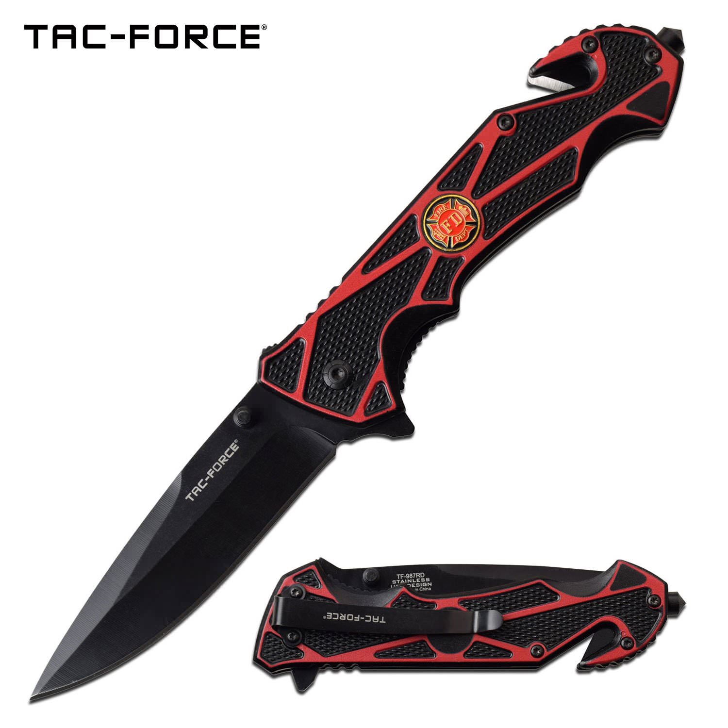 Red Firefighter Black Blade Rescue Spring-Assist Folding Kni