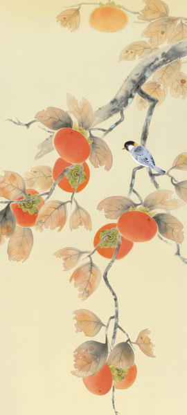 花鳥の掛け軸 有馬荘園作 柿に小鳥