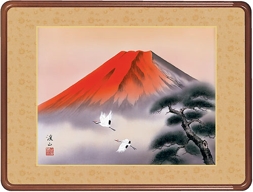 山水の掛け軸 伊藤渓山作 赤富士飛翔(額入り)