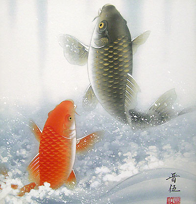 開運・鯉の滝登り 佐藤晋伍作 鯉の滝登り[色紙額]