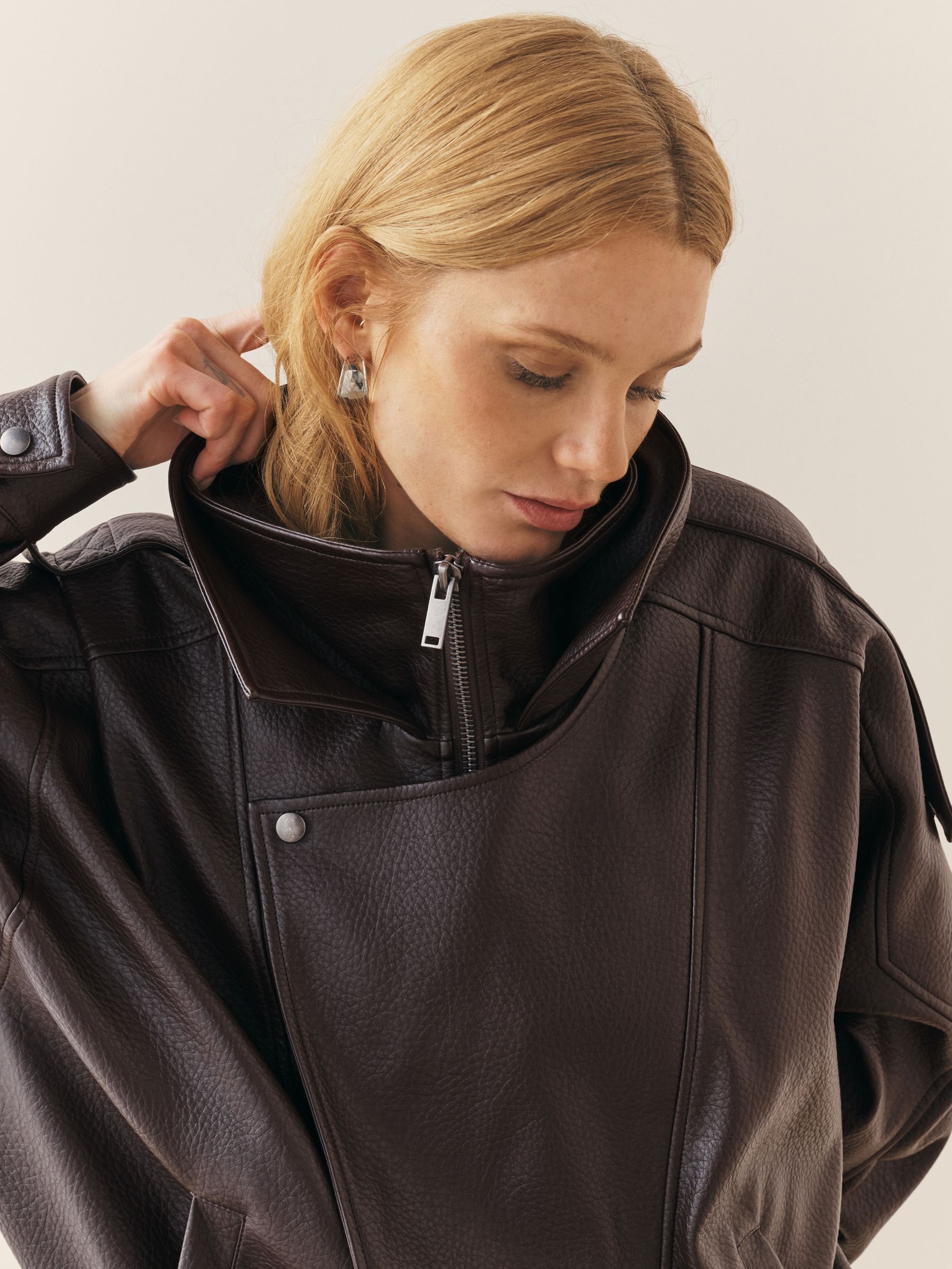 Buy Nothing Ordinary Brown Faux Leather Funnel Collared Biker