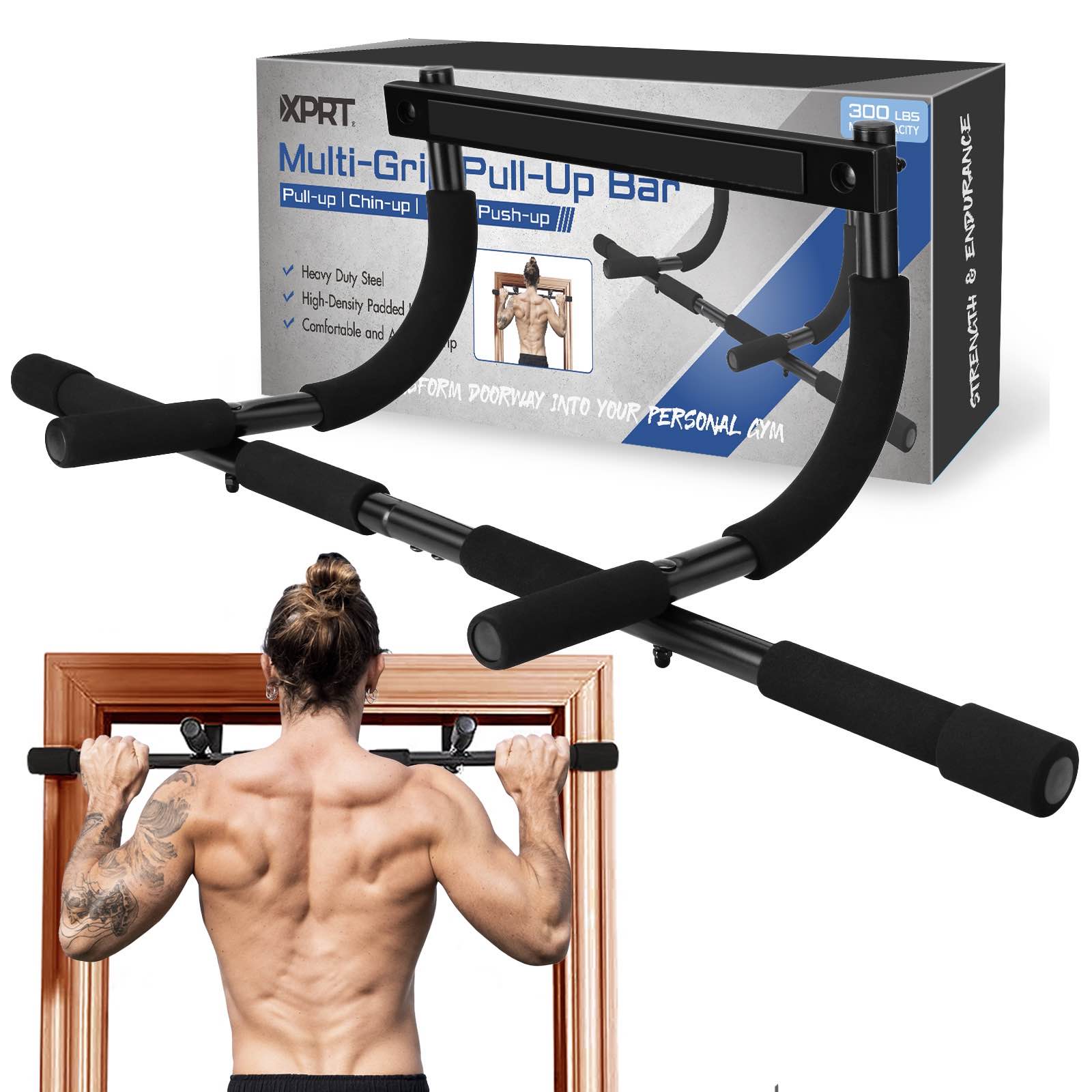 XPRT Fitness Doorway Pull Up Bar - Heavy Duty 300lb Capacity Multi-Gri