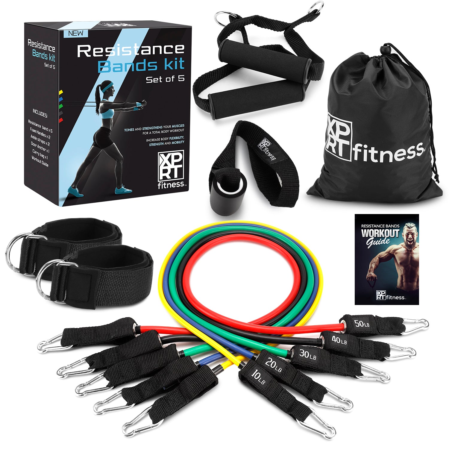XPRT Fitness 11-Piece Resistance Bands Set - Home Gym Equipment with D