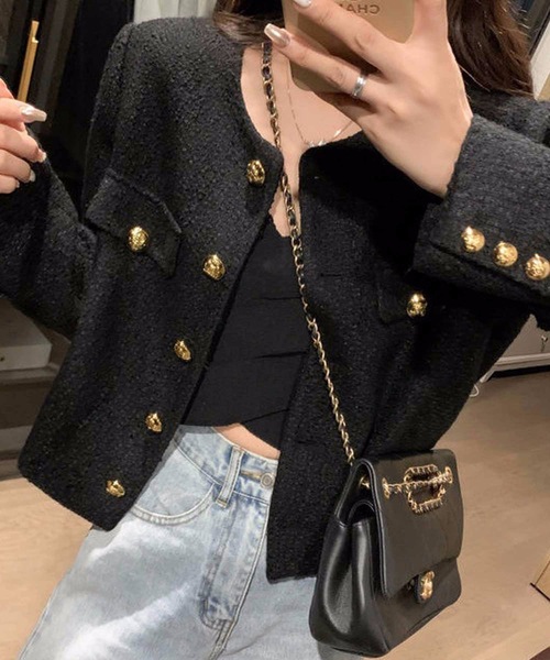 ジャケット ノーカラージャケット ゴールドボタンツイードジャケット