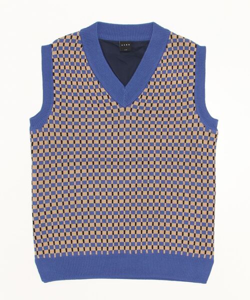 HERG1（エルグワン） ベスト ジレ ブロックチェック Vネックニット