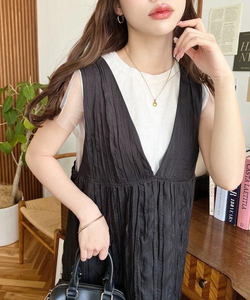 moment+ ジャンパースカート シワ加工Vネックジャンスカ/ワンピース