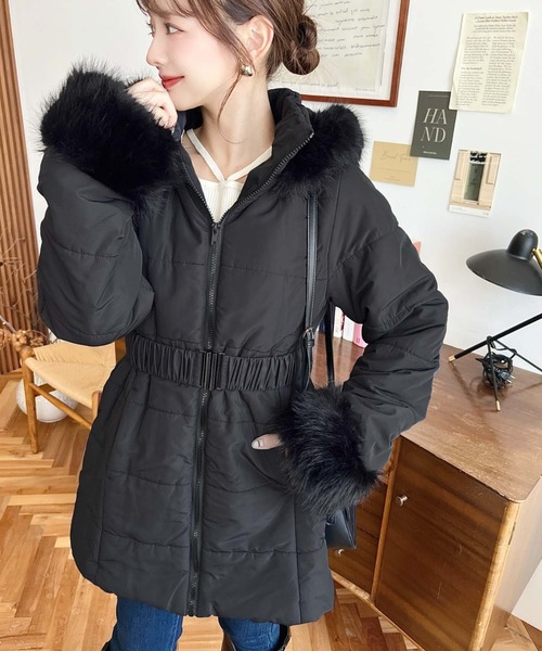 moment+ ダウンコート ダウンジャケット ウェストベルト付きフード