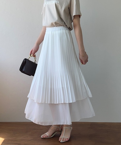 IAMUSE スカート レディース 2段プリーツティアードロングスカート