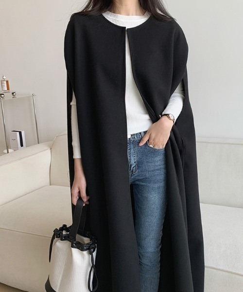 N.s ポンチョ オーバーサイズニットメルトンノーカラーポンチョコート