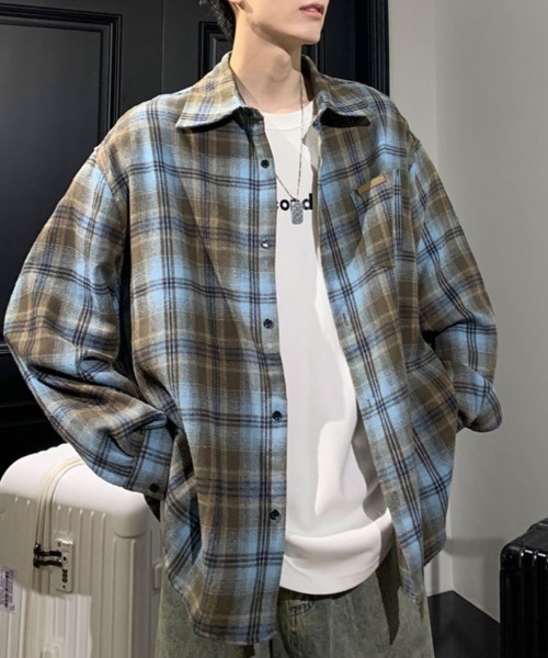 lilful シャツ ワッペン付きビッグシルエットチェックネルシャツ