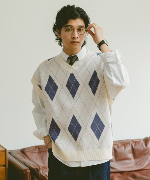 RAGEBLUE（レイジブルー） ベスト ジレ アーガイル柄/Vネックニット