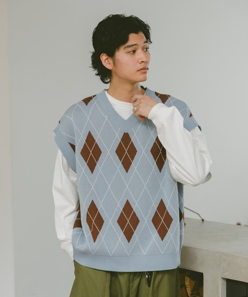 RAGEBLUE（レイジブルー） ベスト ジレ アーガイル柄/Vネックニット