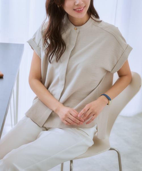 7days Life Styling ブラウス シャツ 麻調合繊バンドカラー半袖