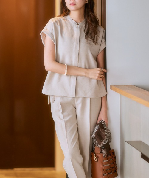 7days Life Styling ブラウス シャツ 麻調合繊バンドカラー半袖