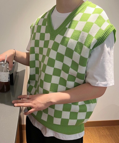 セーター ニット 「ATTENTION」チェッカーニットベスト Vネック