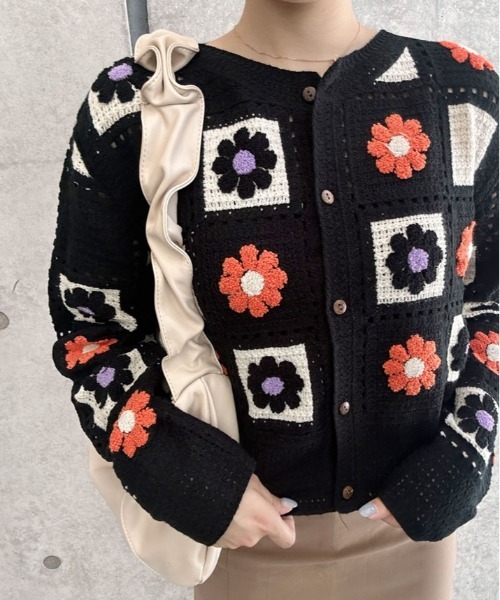 ニット セーター 花柄 クロシェ編み カーディガン レディース