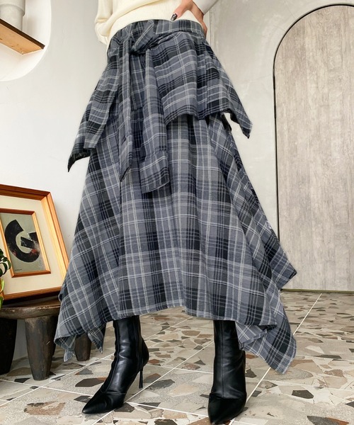 moment+ スカート ラップ風ランダムヘムチェックスカート : ZOZOTOWN