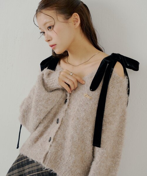 Chico（チコ） カーディガン 「ブローチ取外し可」ベロアリボンルーズ